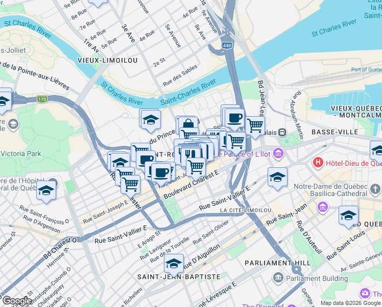 map of restaurants, bars, coffee shops, grocery stores, and more near 336 Rue du Pont in Québec