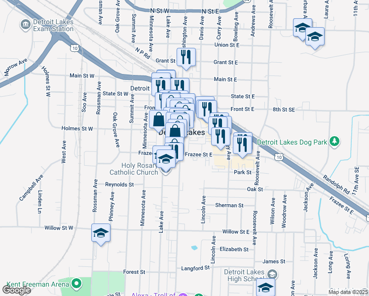 map of restaurants, bars, coffee shops, grocery stores, and more near 925 Washington Avenue in Detroit Lakes