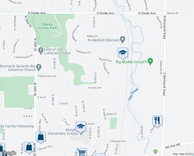 map of restaurants, bars, coffee shops, grocery stores, and more near 1023 North 33rd Street in Bismarck