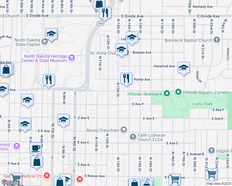 map of restaurants, bars, coffee shops, grocery stores, and more near 1274 East Boulevard Avenue in Bismarck