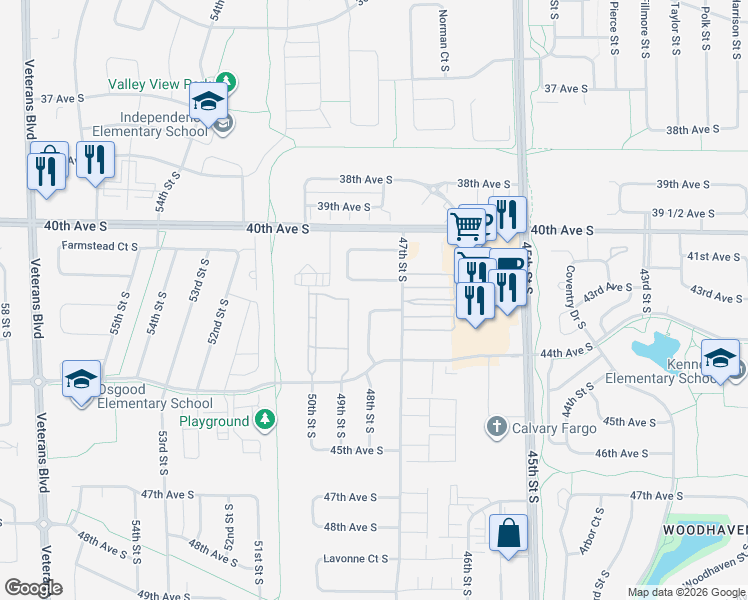 map of restaurants, bars, coffee shops, grocery stores, and more near 4761 Townsite Place South in Fargo