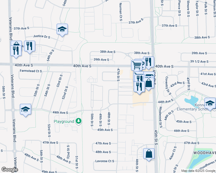 map of restaurants, bars, coffee shops, grocery stores, and more near 4761 Townsite Place South in Fargo