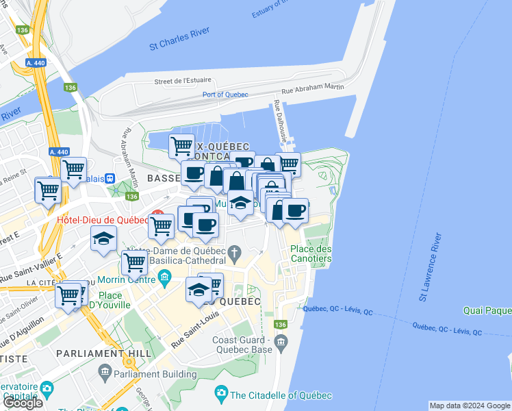 map of restaurants, bars, coffee shops, grocery stores, and more near 101 Rue Saint-Paul in Québec