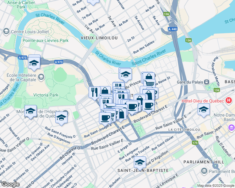 map of restaurants, bars, coffee shops, grocery stores, and more near 431 Rue du Prince-Édouard in Québec