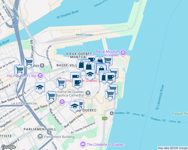 map of restaurants, bars, coffee shops, grocery stores, and more near 115 Rue Saint-Paul in Québec