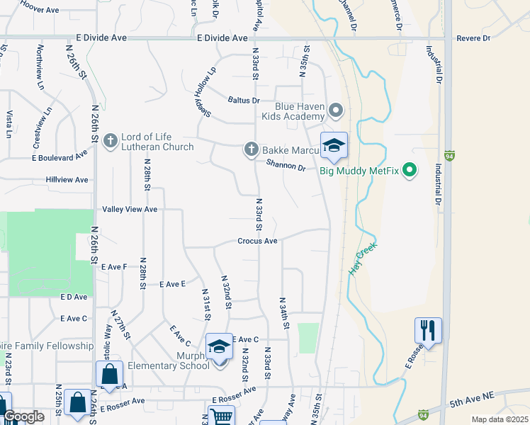 map of restaurants, bars, coffee shops, grocery stores, and more near 1025 North 33rd Street in Bismarck