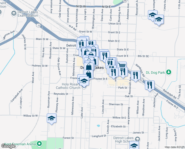 map of restaurants, bars, coffee shops, grocery stores, and more near 925 Washington Avenue in Detroit Lakes