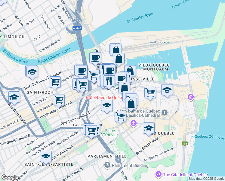 map of restaurants, bars, coffee shops, grocery stores, and more near 355 Rue Saint-Paul in Québec