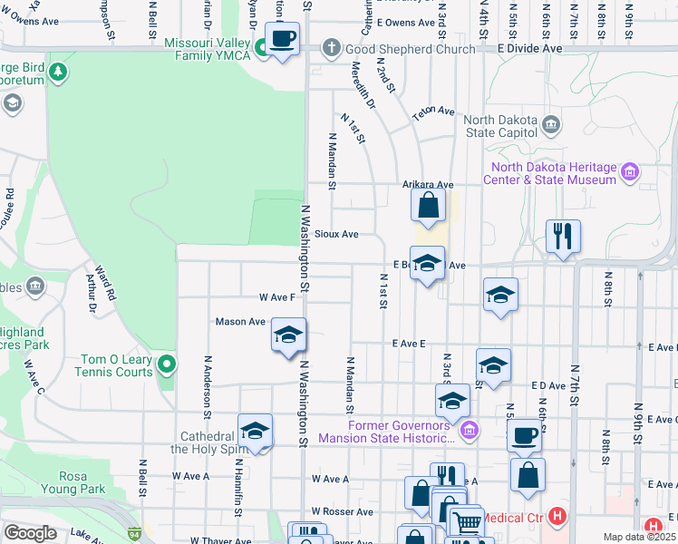 map of restaurants, bars, coffee shops, grocery stores, and more near 210 Tower Avenue in Bismarck