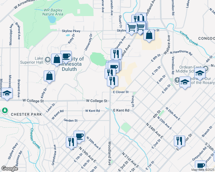 map of restaurants, bars, coffee shops, grocery stores, and more near 915 Woodland Avenue in Duluth