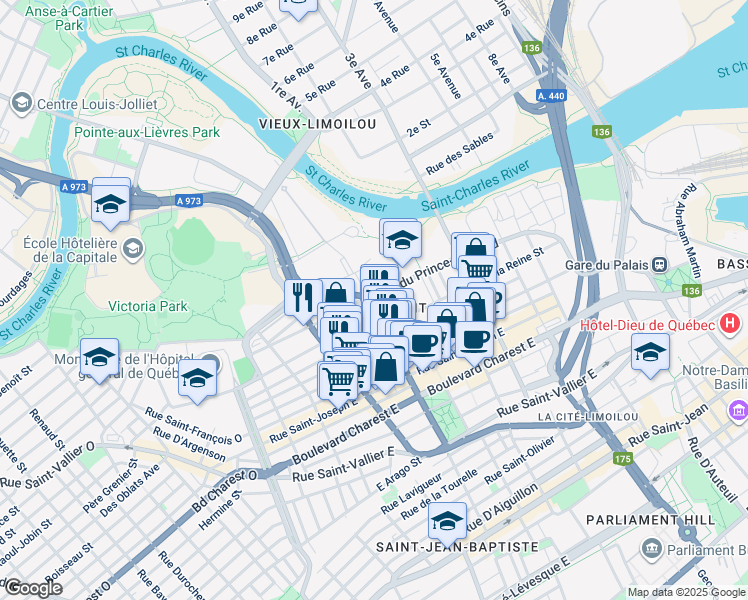 map of restaurants, bars, coffee shops, grocery stores, and more near 431 Rue du Prince-Édouard in Québec