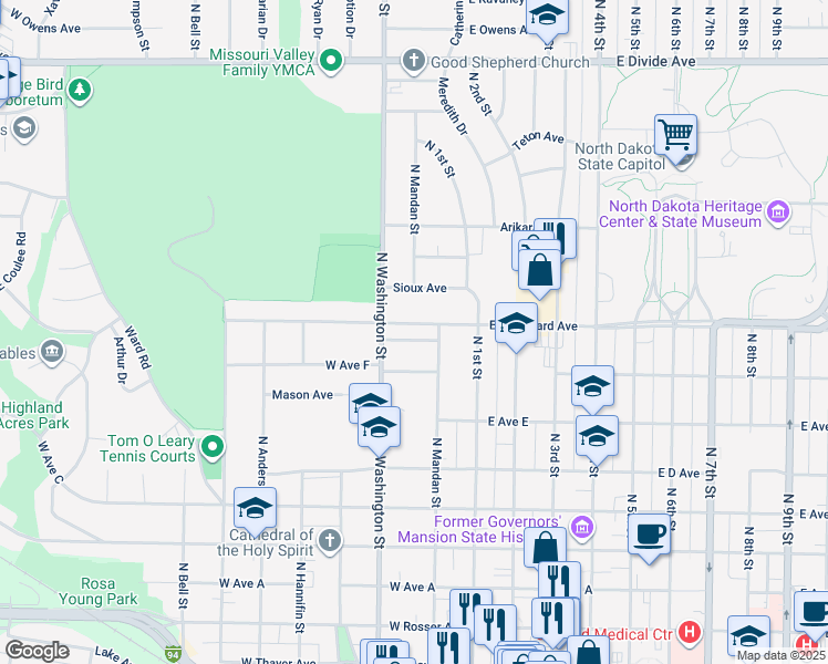 map of restaurants, bars, coffee shops, grocery stores, and more near 210 Tower Avenue in Bismarck