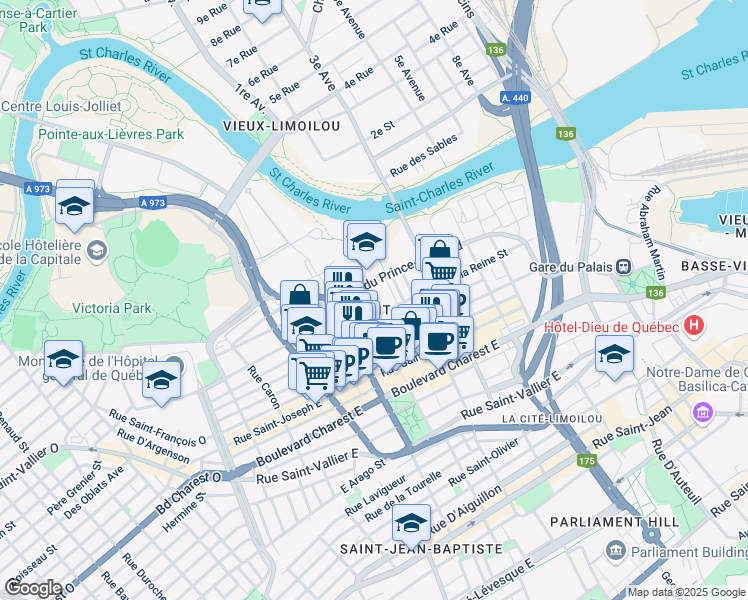 map of restaurants, bars, coffee shops, grocery stores, and more near 275 Rue du Parvis in Québec