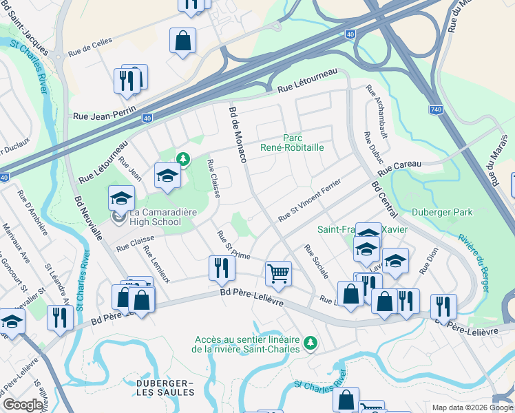 map of restaurants, bars, coffee shops, grocery stores, and more near 3445 Boulevard de Monaco in Québec