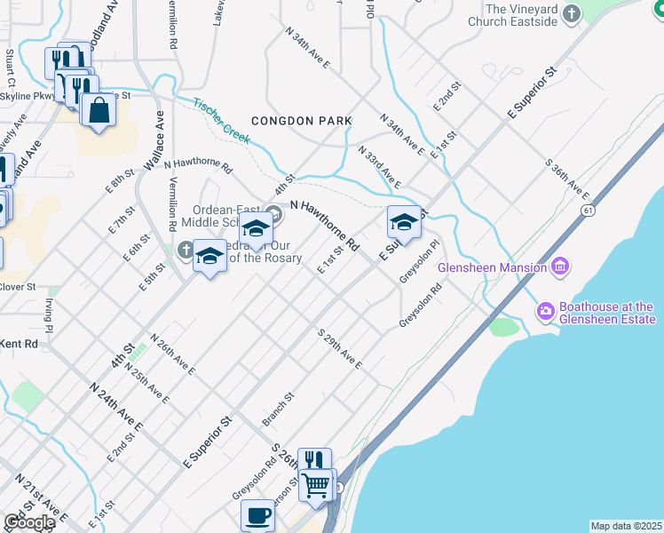map of restaurants, bars, coffee shops, grocery stores, and more near 3018 East 1st Street in Duluth