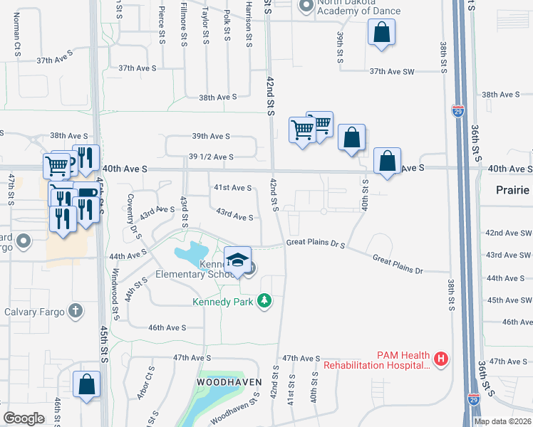 map of restaurants, bars, coffee shops, grocery stores, and more near 4285 Woodhaven Street South in Fargo