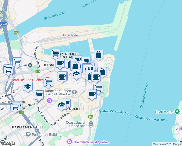 map of restaurants, bars, coffee shops, grocery stores, and more near 144 Rue Saint-Pierre in Québec