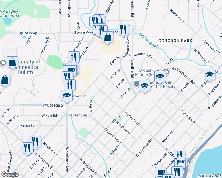 map of restaurants, bars, coffee shops, grocery stores, and more near 2617 East 6th Street in Duluth