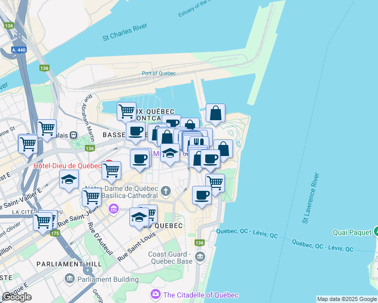 map of restaurants, bars, coffee shops, grocery stores, and more near 144 Rue Saint-Pierre in Québec