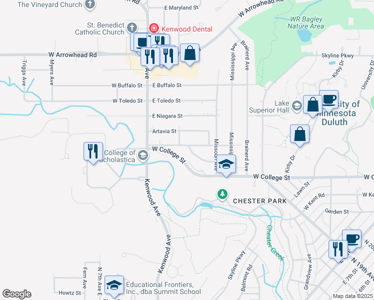 map of restaurants, bars, coffee shops, grocery stores, and more near 114 Lyons Street in Duluth