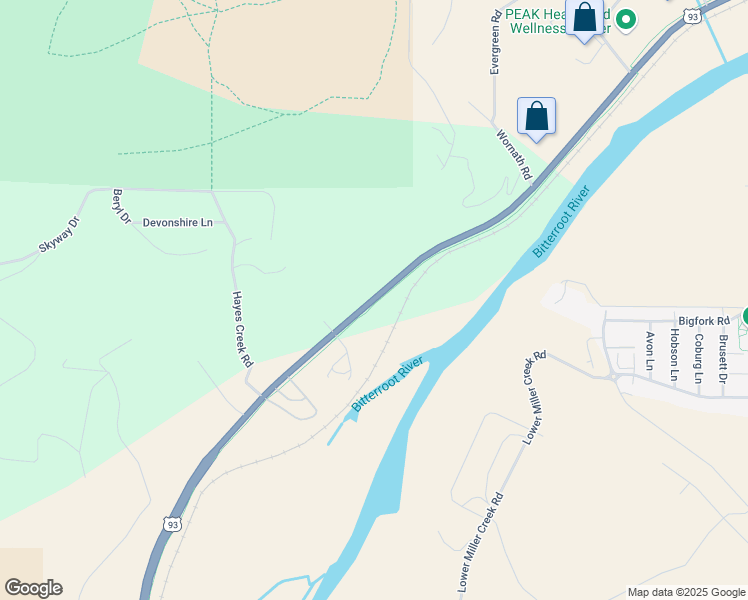 map of restaurants, bars, coffee shops, grocery stores, and more near 5380 Bitterroot Road in Missoula