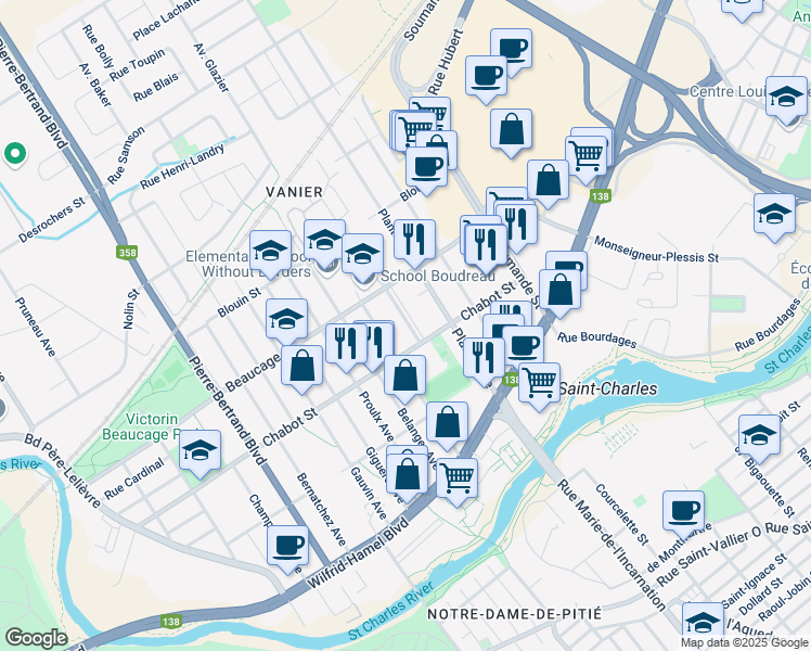 map of restaurants, bars, coffee shops, grocery stores, and more near 259 Avenue Rousseau in Ville de Québec