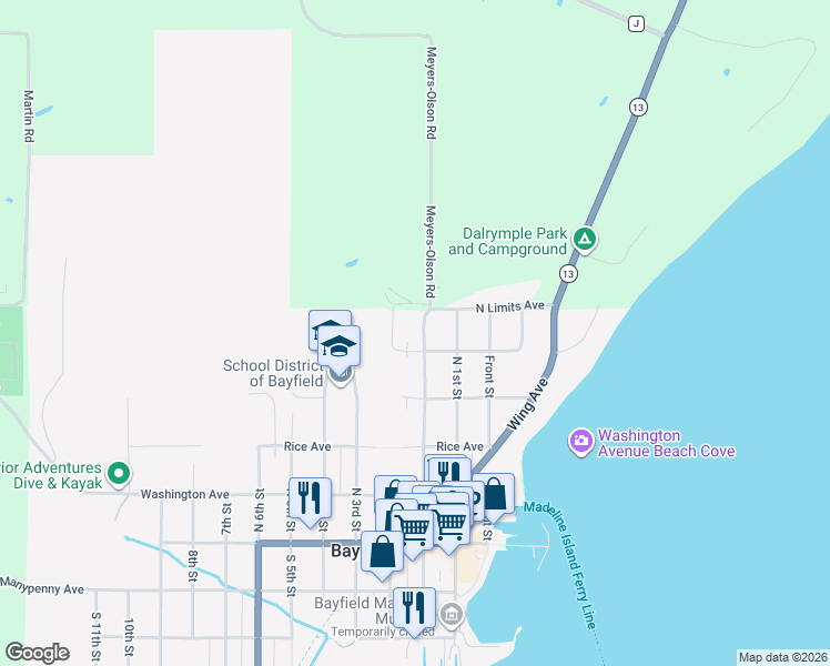map of restaurants, bars, coffee shops, grocery stores, and more near 421 North 2nd Street in Bayfield