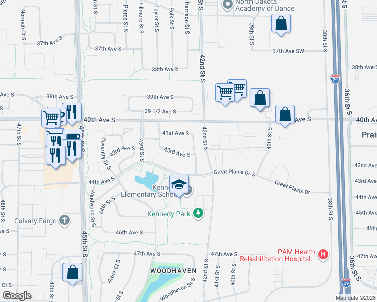 map of restaurants, bars, coffee shops, grocery stores, and more near 4285 Woodhaven Street South in Fargo