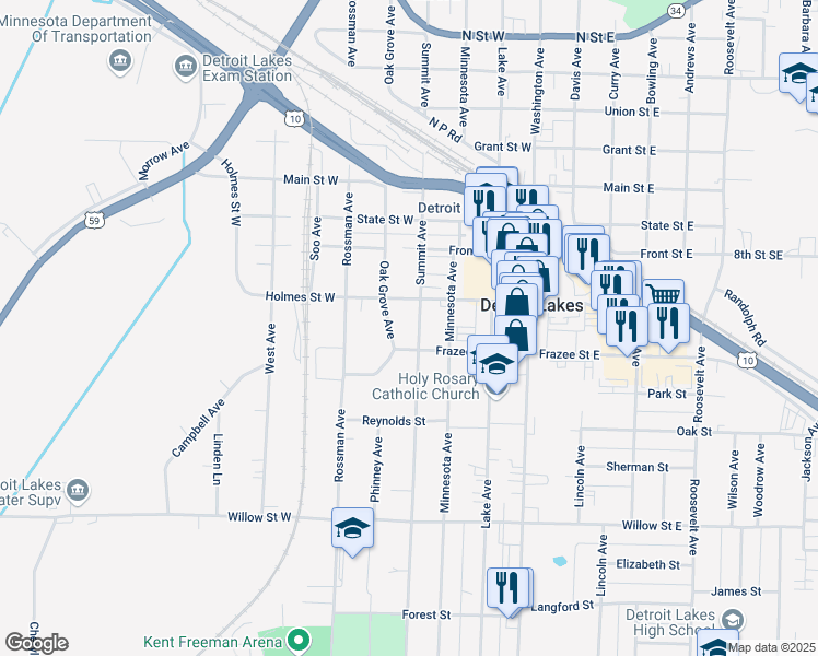 map of restaurants, bars, coffee shops, grocery stores, and more near 920 Summit Avenue in Detroit Lakes