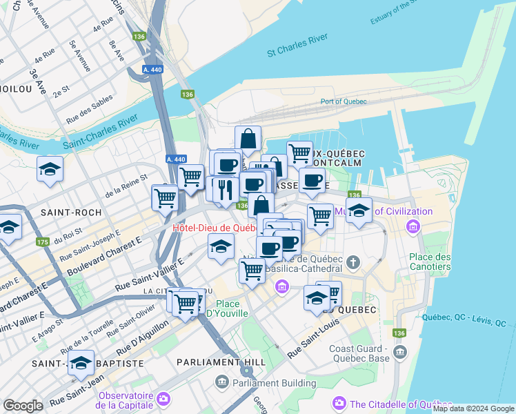 map of restaurants, bars, coffee shops, grocery stores, and more near 315 Rue Saint-Paul in Québec