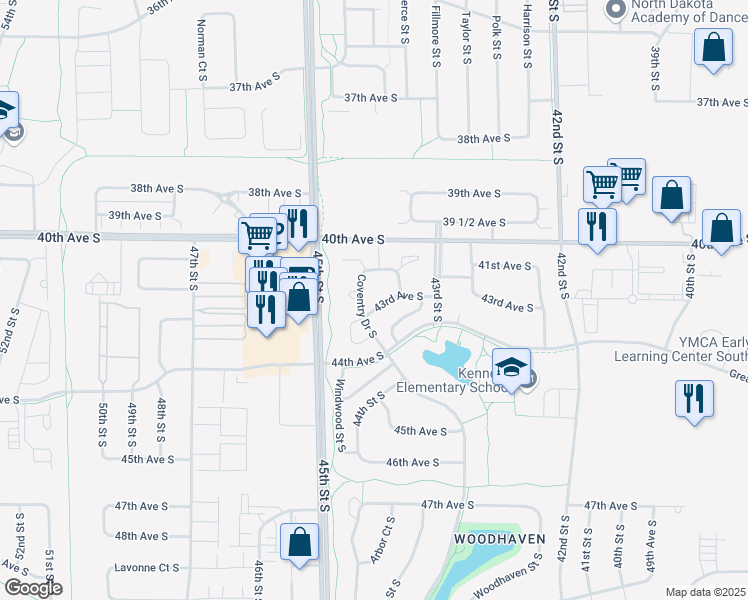 map of restaurants, bars, coffee shops, grocery stores, and more near 5087 43rd Avenue South in Fargo