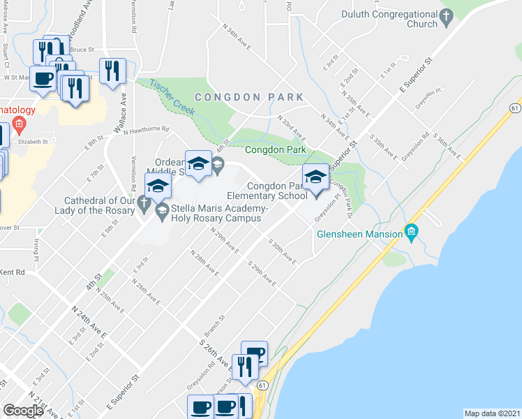map of restaurants, bars, coffee shops, grocery stores, and more near 3018 East 1st Street in Duluth