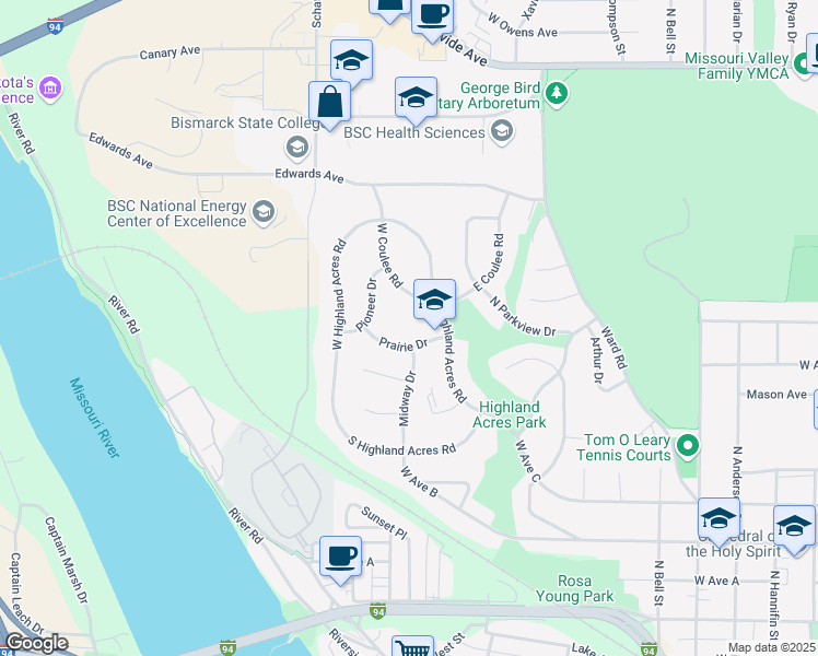 map of restaurants, bars, coffee shops, grocery stores, and more near 1200 Prairie Drive in Bismarck