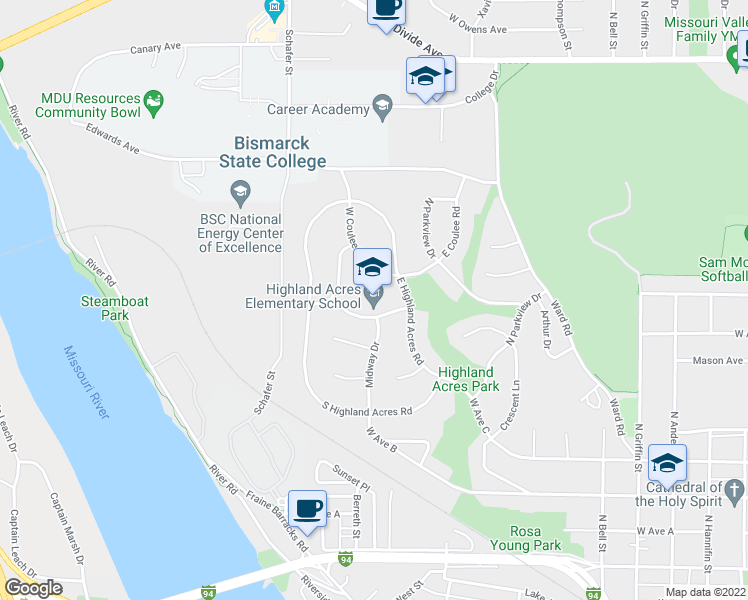 map of restaurants, bars, coffee shops, grocery stores, and more near 1200 Prairie Drive in Bismarck