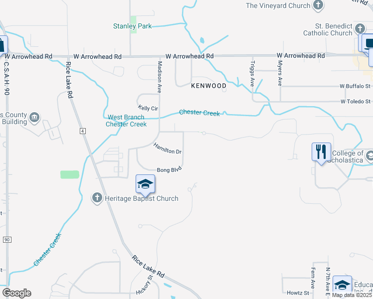 map of restaurants, bars, coffee shops, grocery stores, and more near 709 Bong Boulevard in Duluth