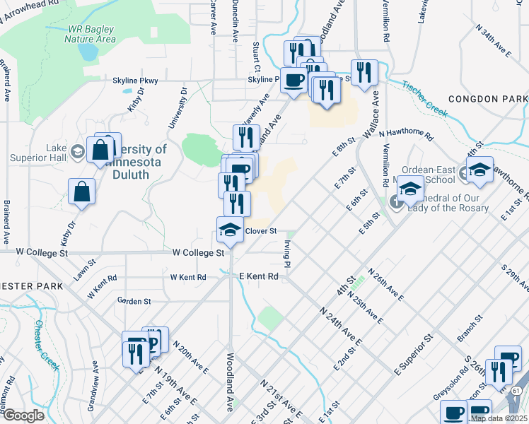map of restaurants, bars, coffee shops, grocery stores, and more near 201 East Clover Street in Duluth