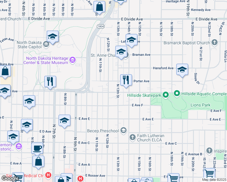 map of restaurants, bars, coffee shops, grocery stores, and more near 1274 East Boulevard Avenue in Bismarck