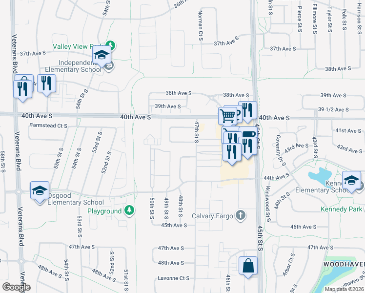 map of restaurants, bars, coffee shops, grocery stores, and more near 4761 Townsite Place South in Fargo