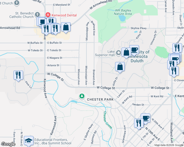 map of restaurants, bars, coffee shops, grocery stores, and more near 1055 Brainerd Avenue in Duluth