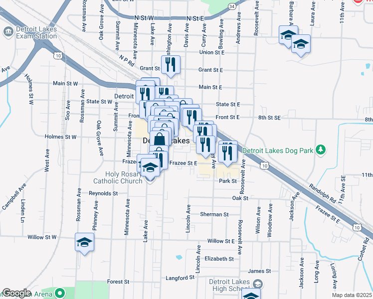 map of restaurants, bars, coffee shops, grocery stores, and more near 114 Frazee Street in Detroit Lakes