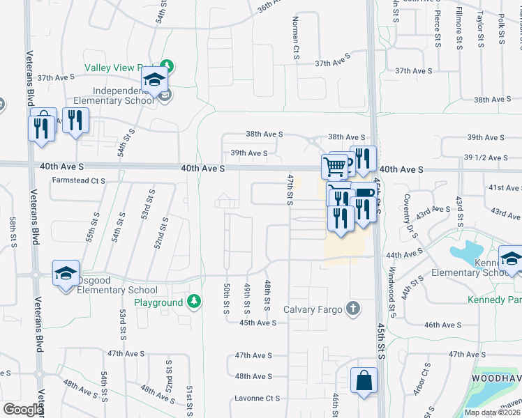 map of restaurants, bars, coffee shops, grocery stores, and more near 4761 Townsite Place South in Fargo