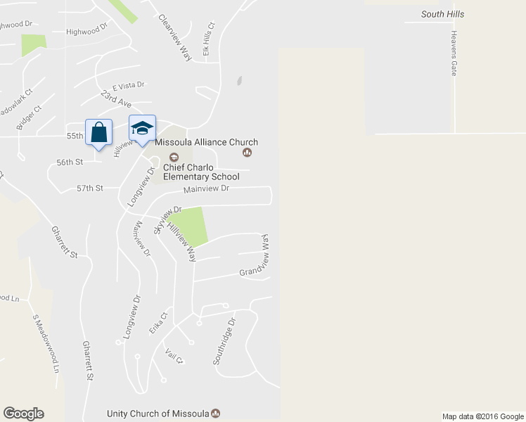 map of restaurants, bars, coffee shops, grocery stores, and more near 5112 Skyview Drive in Missoula