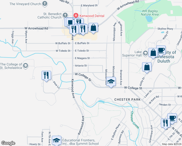 map of restaurants, bars, coffee shops, grocery stores, and more near 114 Lyons Street in Duluth