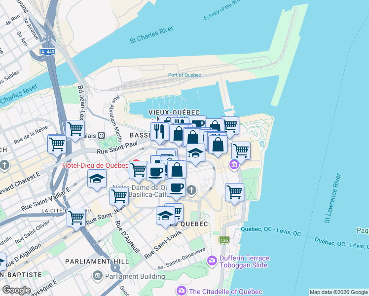 map of restaurants, bars, coffee shops, grocery stores, and more near 107 Québec 136 in Québec