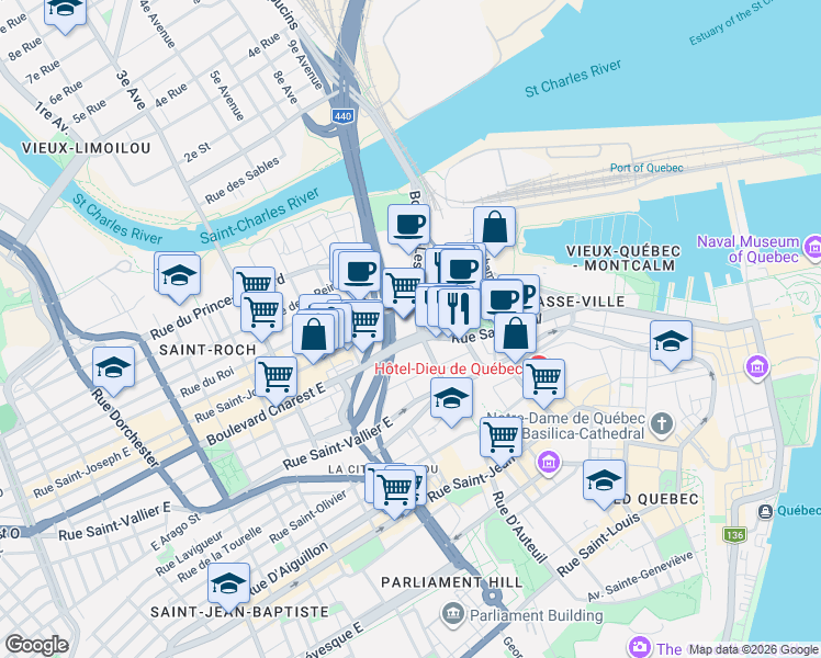 map of restaurants, bars, coffee shops, grocery stores, and more near 400 Boulevard Jean-Lesage in Québec City