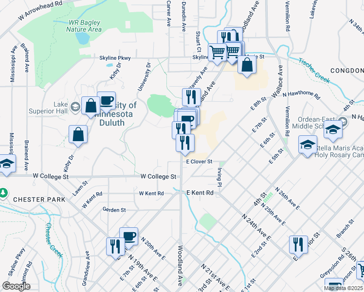 map of restaurants, bars, coffee shops, grocery stores, and more near 960 Woodland Avenue in Duluth