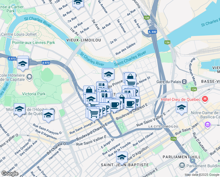 map of restaurants, bars, coffee shops, grocery stores, and more near 510 Rue du Prince-Édouard in Québec