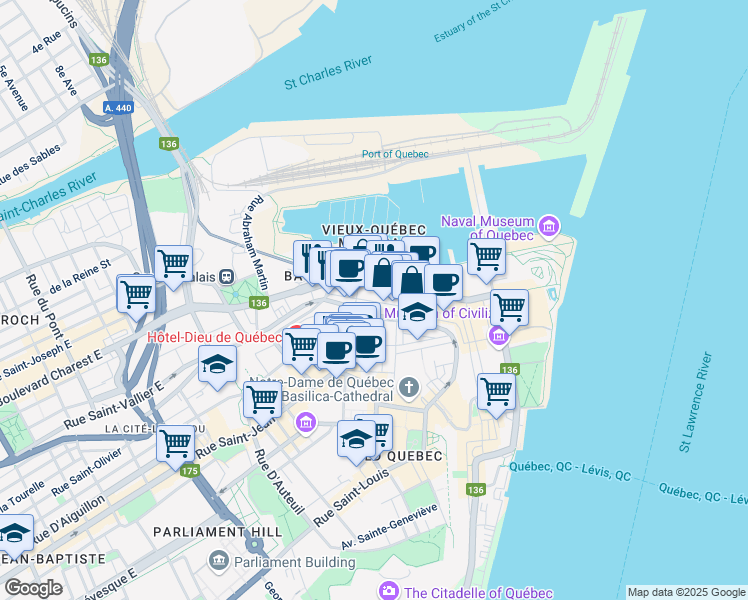 map of restaurants, bars, coffee shops, grocery stores, and more near 188 Rue Saint-Paul in Québec