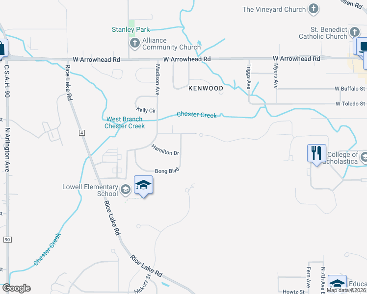 map of restaurants, bars, coffee shops, grocery stores, and more near 709 Bong Boulevard in Duluth