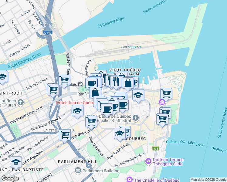 map of restaurants, bars, coffee shops, grocery stores, and more near 229 Rue Saint-Paul in Québec